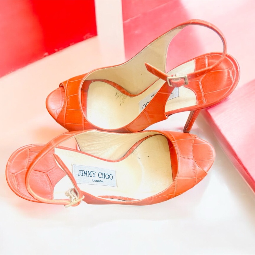 Jimmy Choo Vibrant Orange Peep-Toe Heels - Picture 2 of 12